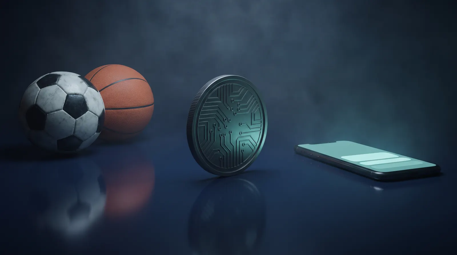 サッカーボール・バスケットボールと回路模様の仮想通貨コイン、スマホを並べた22bitのイメージ（コインの意匠は架空のもの）