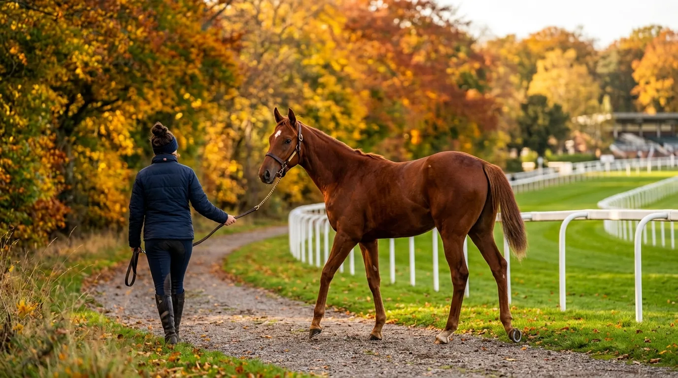 紅葉の木立に沿った芝コース脇の小道を、引き手に曳かれて歩く若い栗毛の牝馬のイメージ
