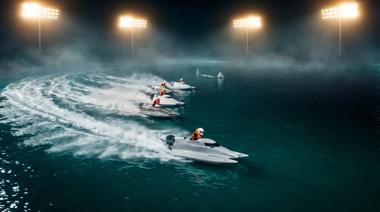ナイター開催のボートレースグランプリ（SG）で疾走する6艇のイメージ