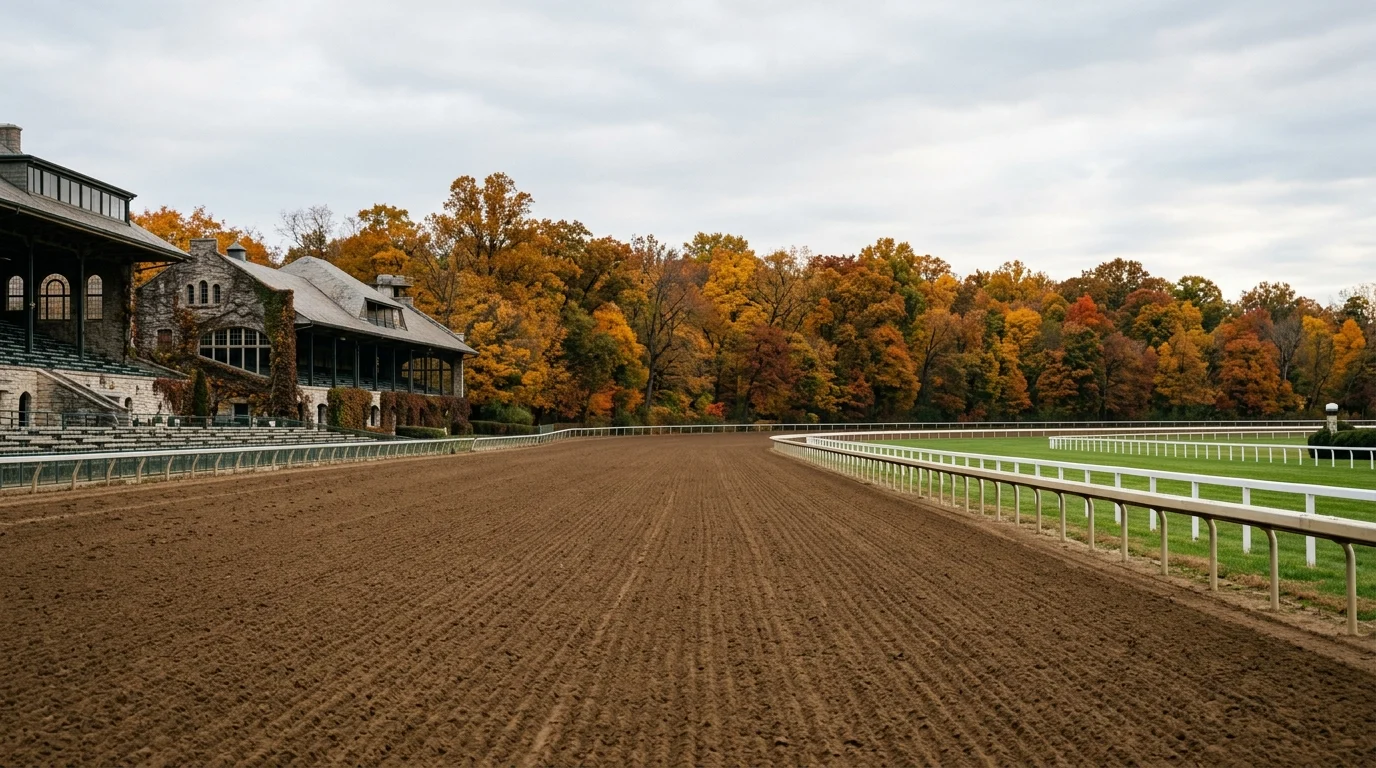 紅葉した木立を背に、人馬のいないアメリカのダートコースの直線が広がる秋の競馬場のイメージ