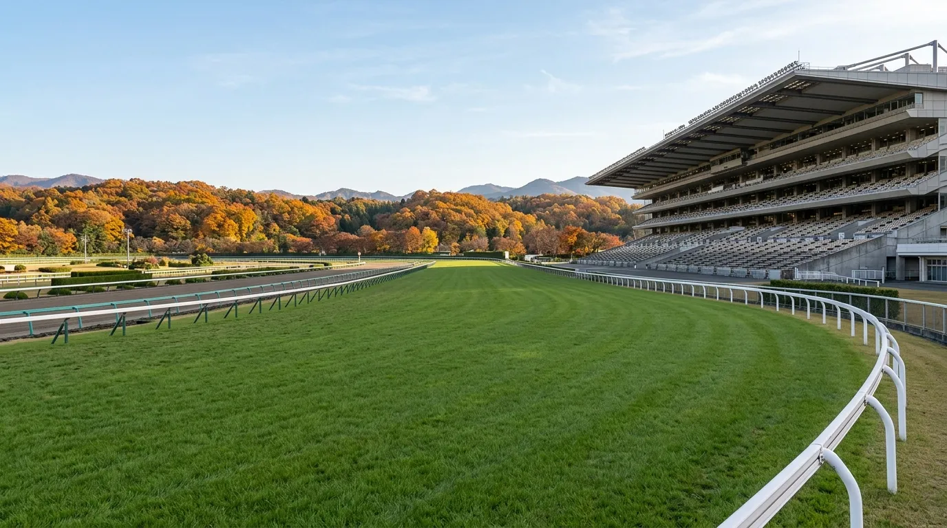 紅葉した木立と山を背にした競馬場の芝コース。白いラチが長い直線に沿って続き、右手に無人のスタンドが見えるイメージ