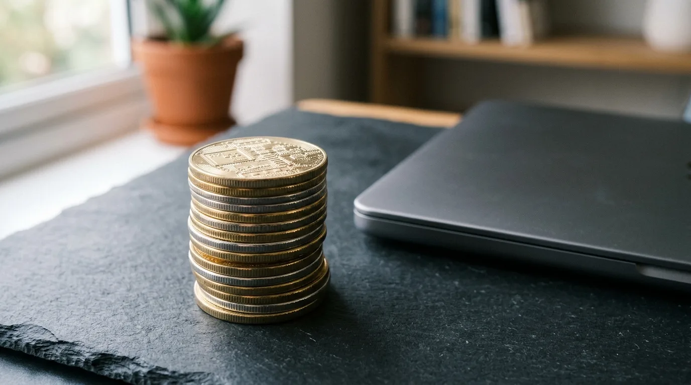 石板のデスクに積まれた金色と銀色のコインと、閉じたノートパソコンのイメージ