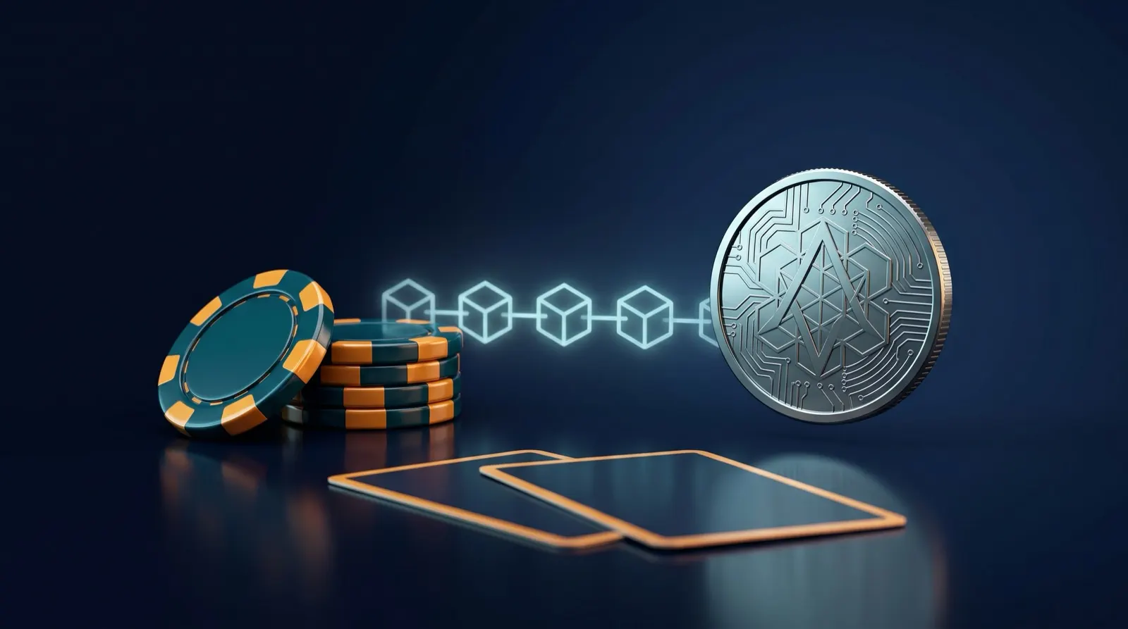 カジノチップと、回路模様が刻まれた仮想通貨コイン、ブロックチェーンの連なりのイメージ（コインの意匠は架空のもので、特定の通貨ではありません）