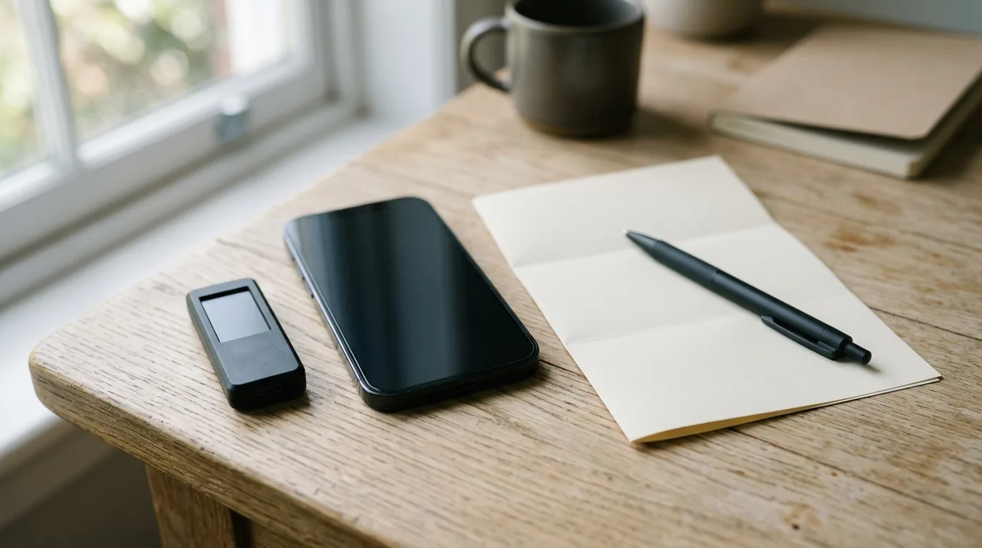木の机に置かれたハードウェアウォレット、スマートフォン、白紙のメモとペンのイメージ