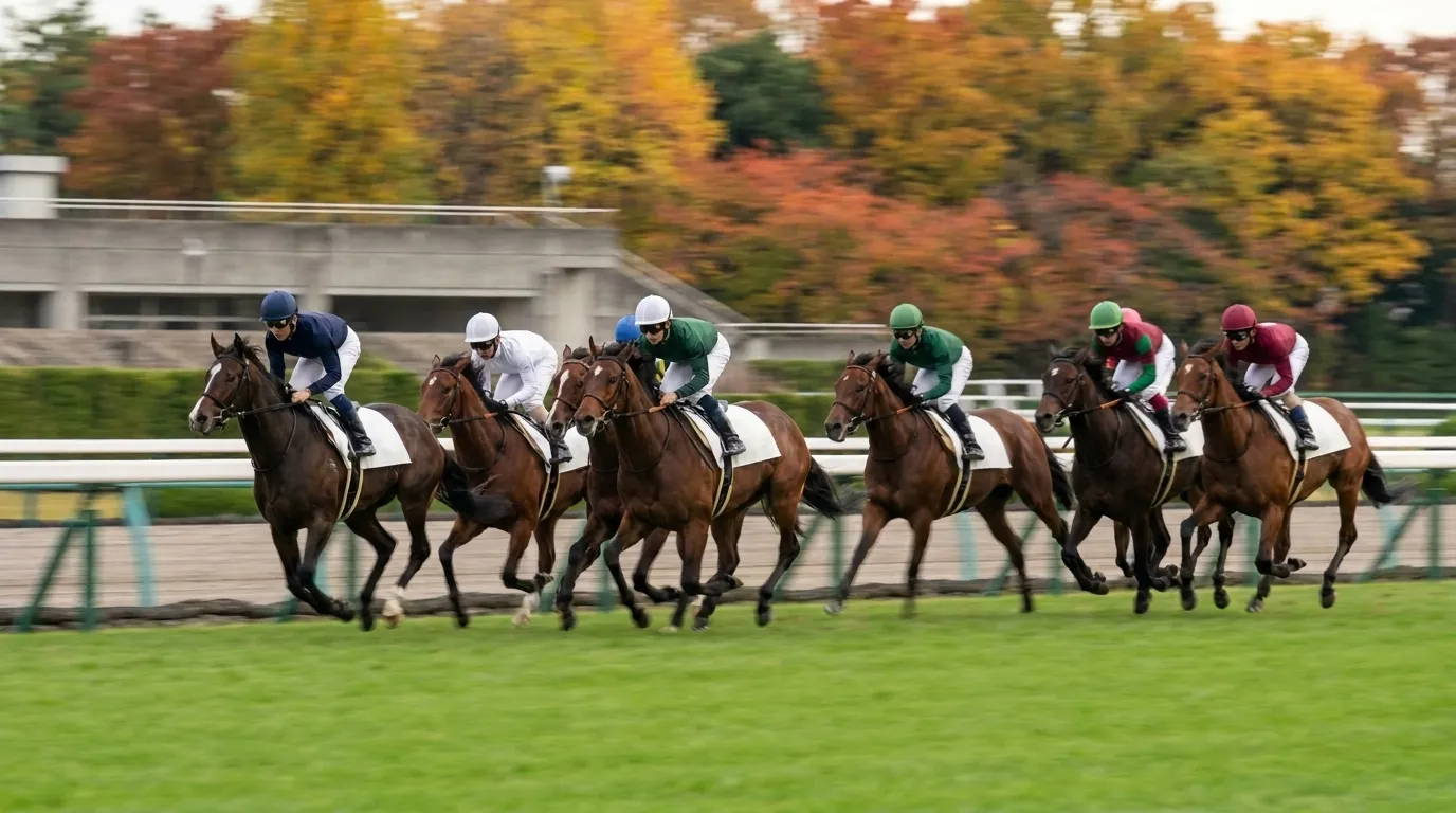 紅葉を背に、芝コースの外回りを駆ける2歳馬の一団のイメージ