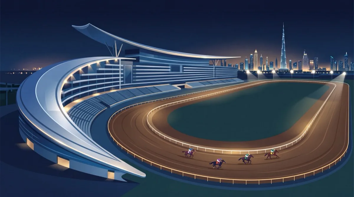 メイダン競馬場(UAE・ドバイ)のナイター・ダートコースと近代的なグランドスタンドのイメージ