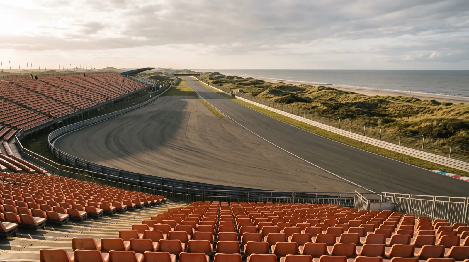F1オランダGP・ザントフォールトのバンクのついた最終コーナーとメインストレートを高い位置から見たイメージ。オレンジ色のスタンドはほとんど空席になり、夕方の低い日差しが路面に長い影を落としている