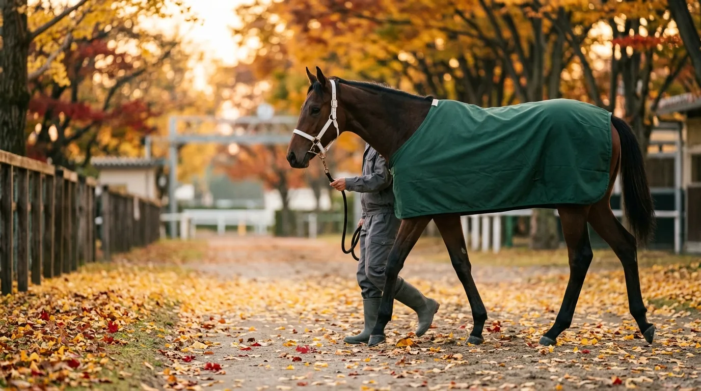 紅葉とイチョウの落ち葉が積もる道を、緑の馬着を着た若い鹿毛の牝馬が引き手に曳かれて歩くイメージ