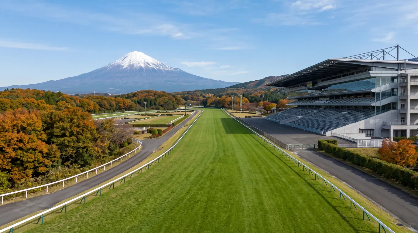 秋の晴れた日の競馬場。芝コースの長い直線と無人のスタンドの向こうに、雪をかぶった山が見えるイメージ