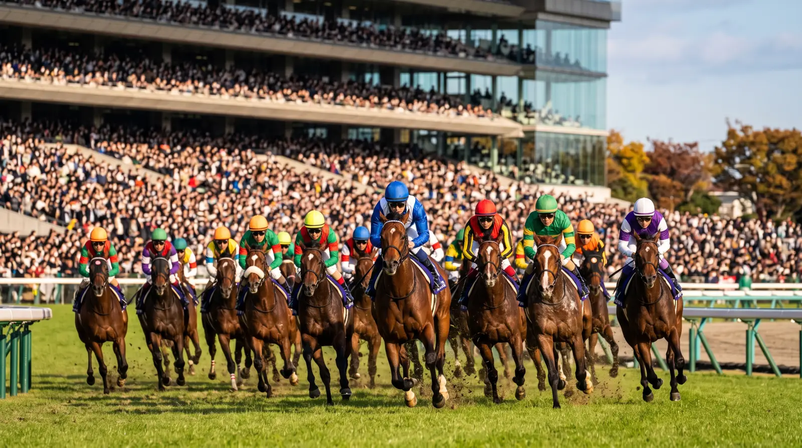 満員のスタンドの前を直線で追い比べるG1の出走馬たちのイメージ