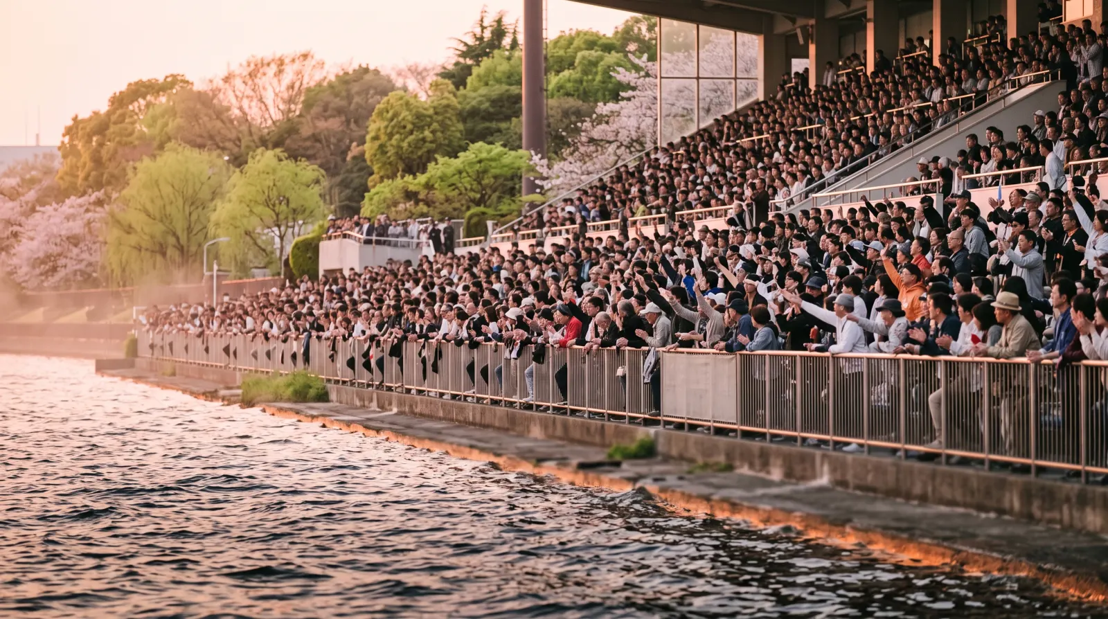 満員のスタンドから水面を見つめるファンのイメージ（オールスターはファン投票で出場選手が決まる）