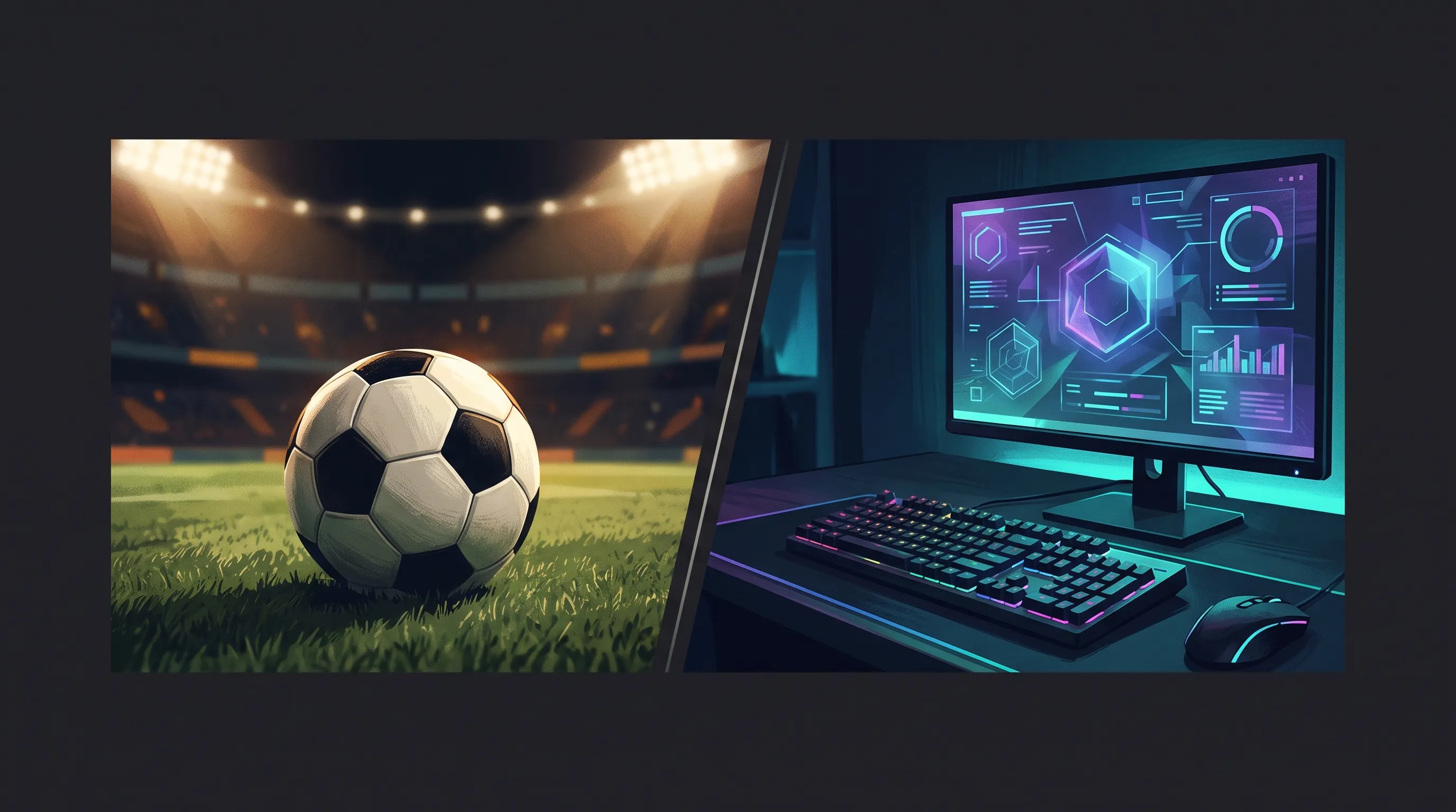 ナイターのピッチに置かれたサッカーボールと、ゲーミングデスクのモニターを並べたイメージ(日本語版ベットウェイはサッカーとeスポーツを前面に出していた)