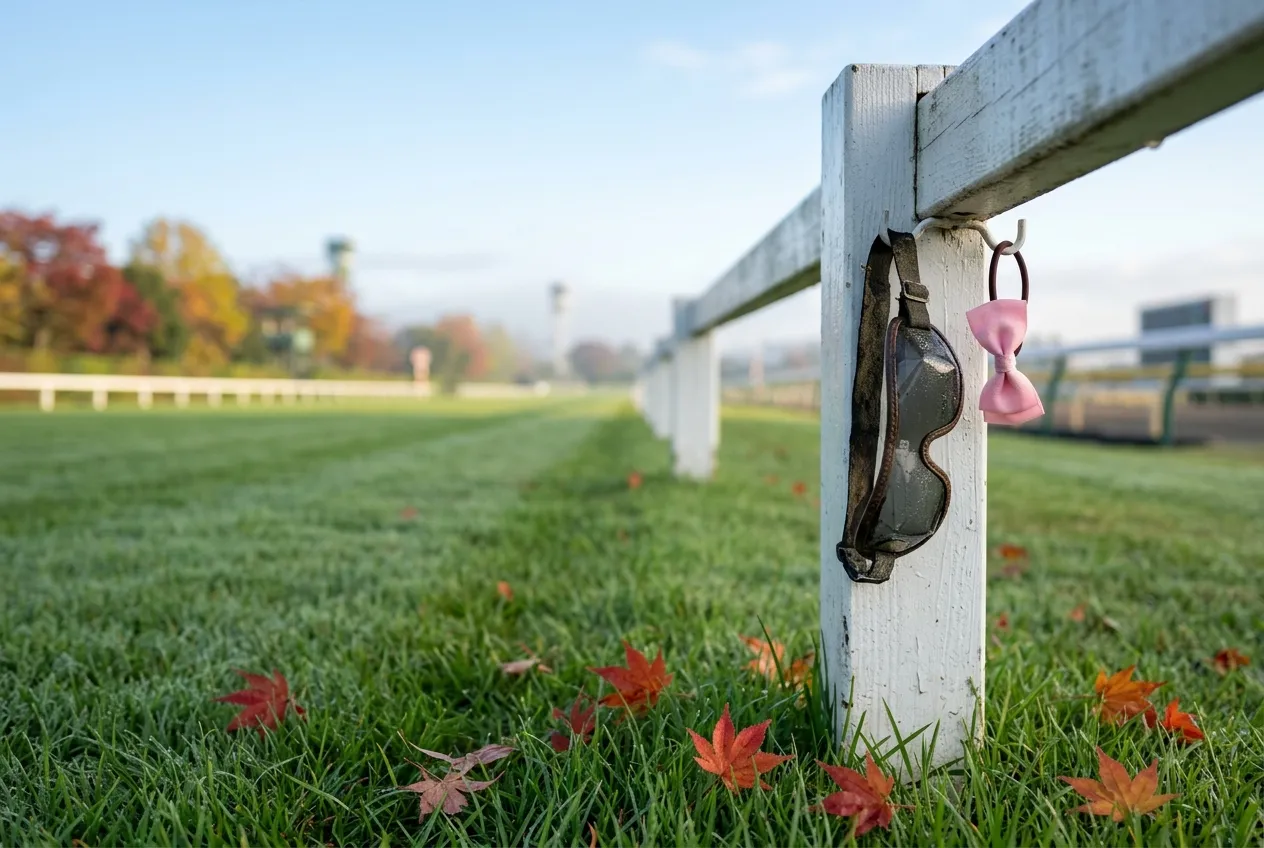 朝露に濡れた芝コースの白いラチに、ゴーグルとピンクのリボンが掛かり、足元に紅葉の葉が落ちているイメージ