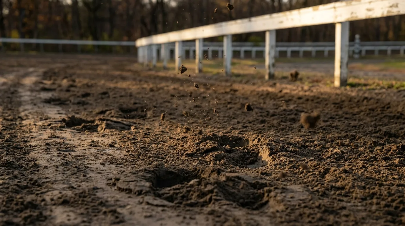 馬群が通り過ぎたあとの湿ったダートに蹄の跡が残り、砂の粒が宙に舞っているイメージ
