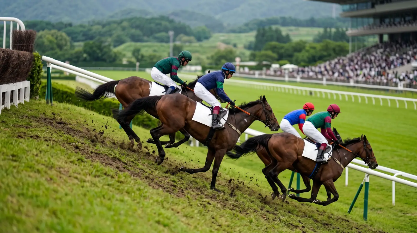 大障害コースのバンケット（深い谷）を駆け下る馬群のイメージ