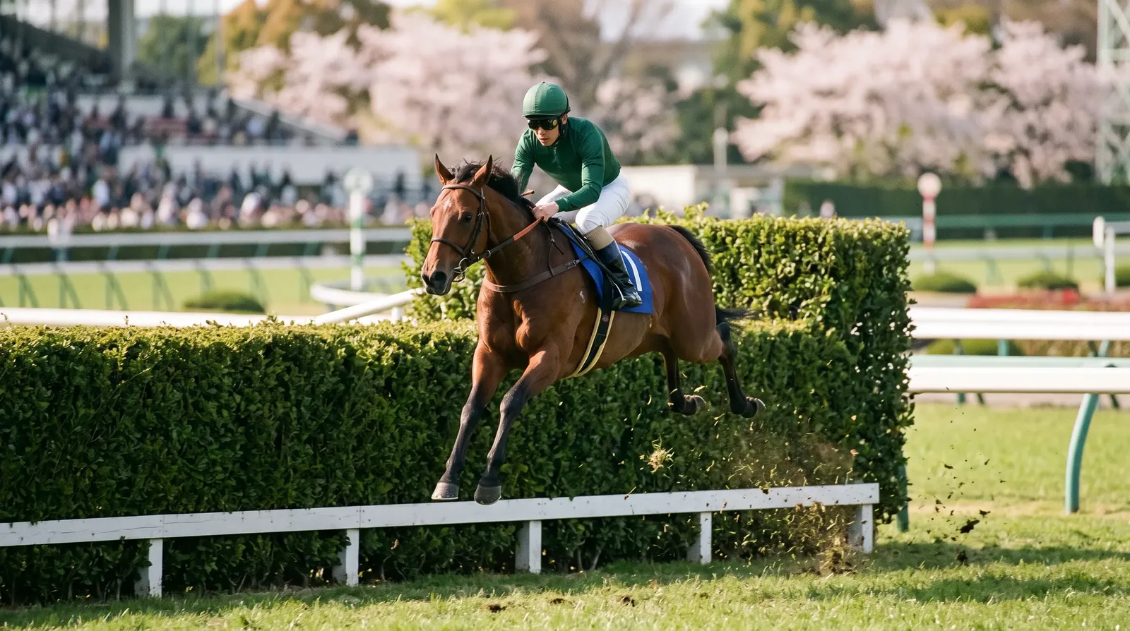 幅のある大生垣を大きく飛び越える競走馬（春の中山）のイメージ
