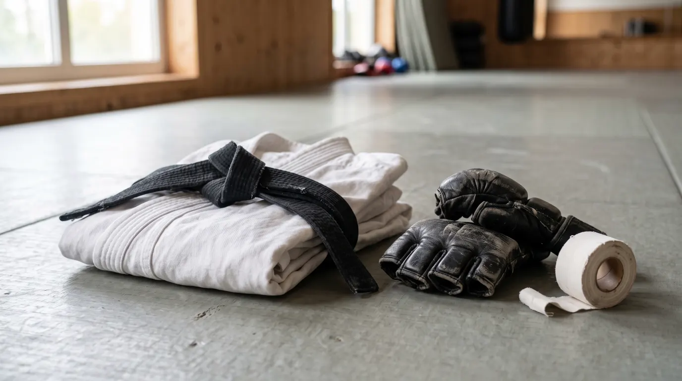 練習場のマットの上に、黒帯を載せてたたんだ白い空手着と、使い込まれたオープンフィンガーグローブ、テーピングが置かれているイメージ
