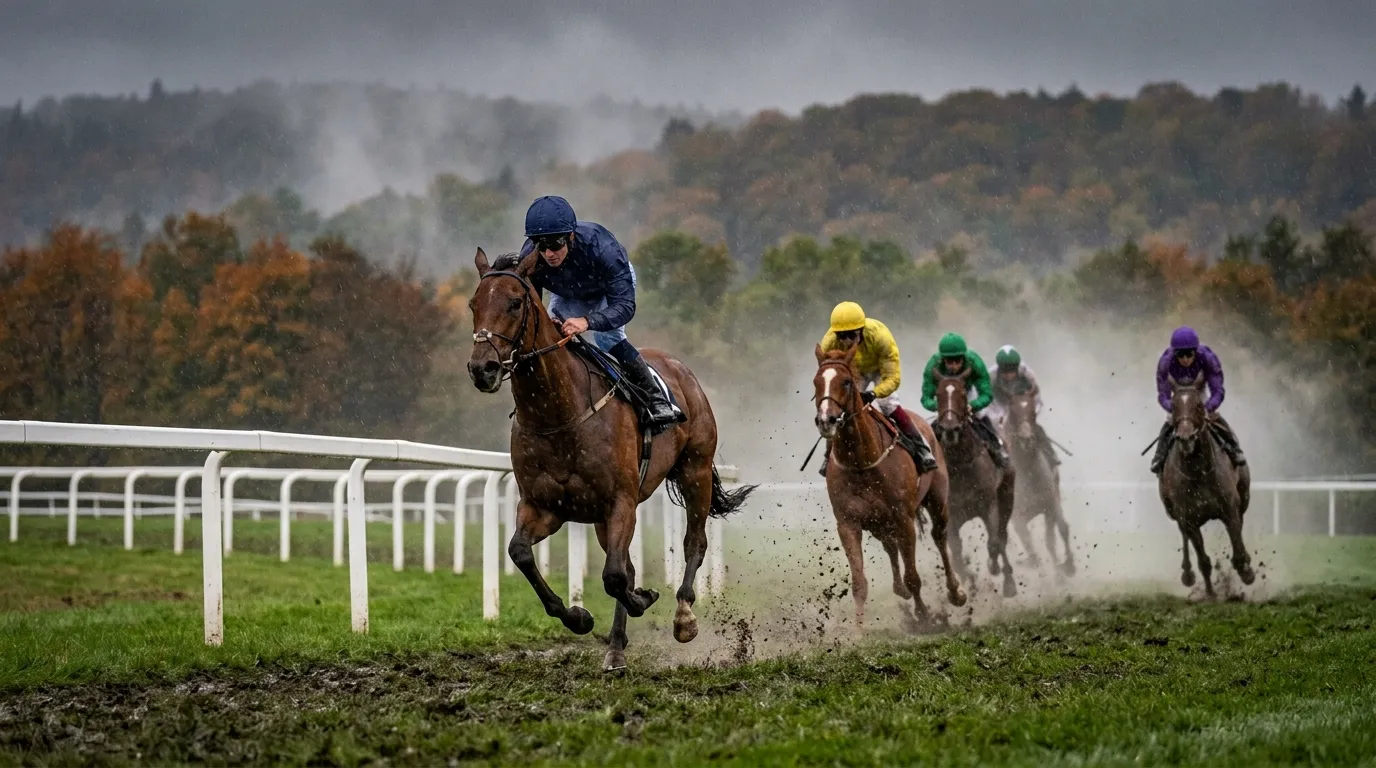雨の中、水しぶきを上げる芝コースで先頭を走る競走馬と、後ろに続く馬群のイメージ