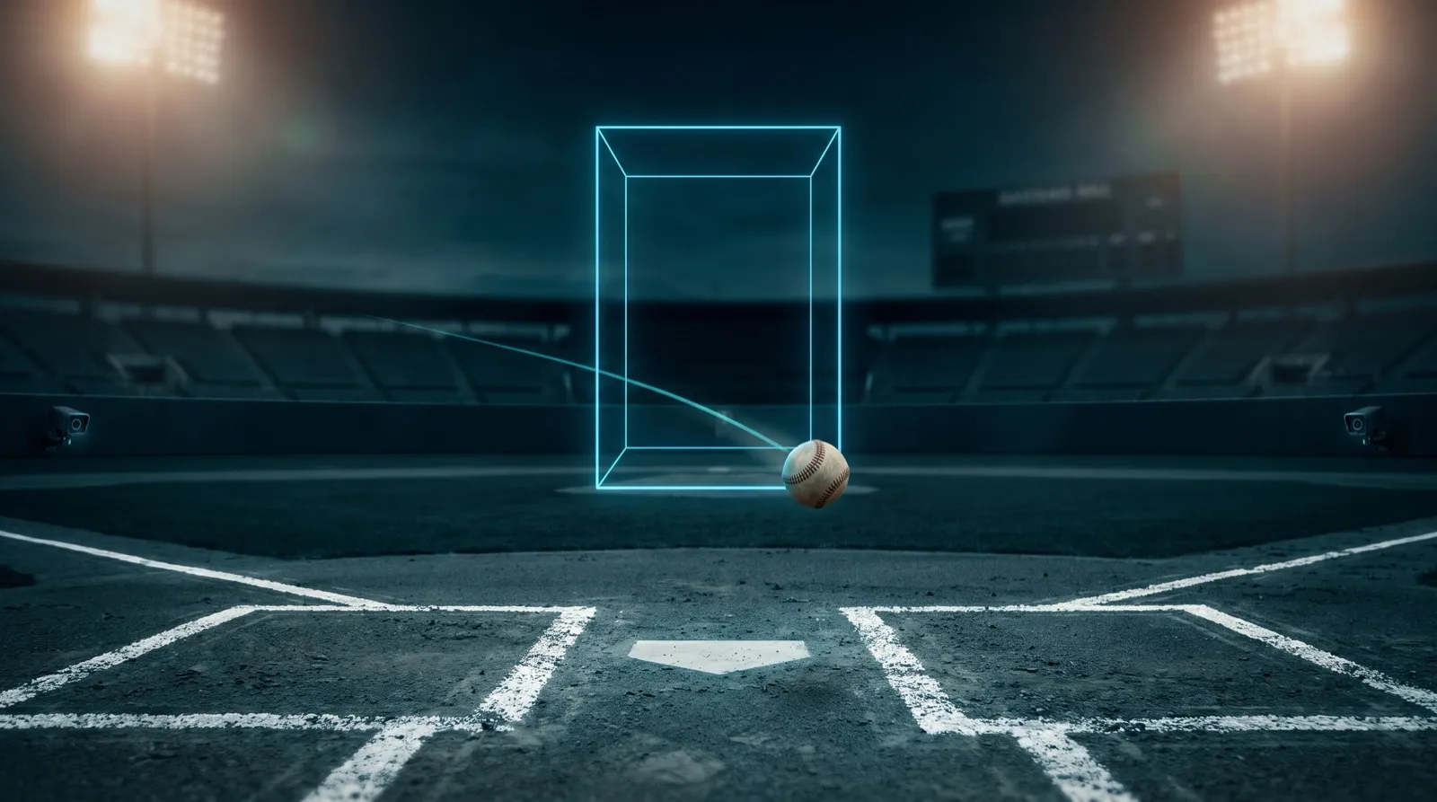 本塁上に浮かぶ追跡されたストライクゾーンの枠と、その外側を通過する投球の軌跡 — MLBのABSチャレンジ制度のイメージ