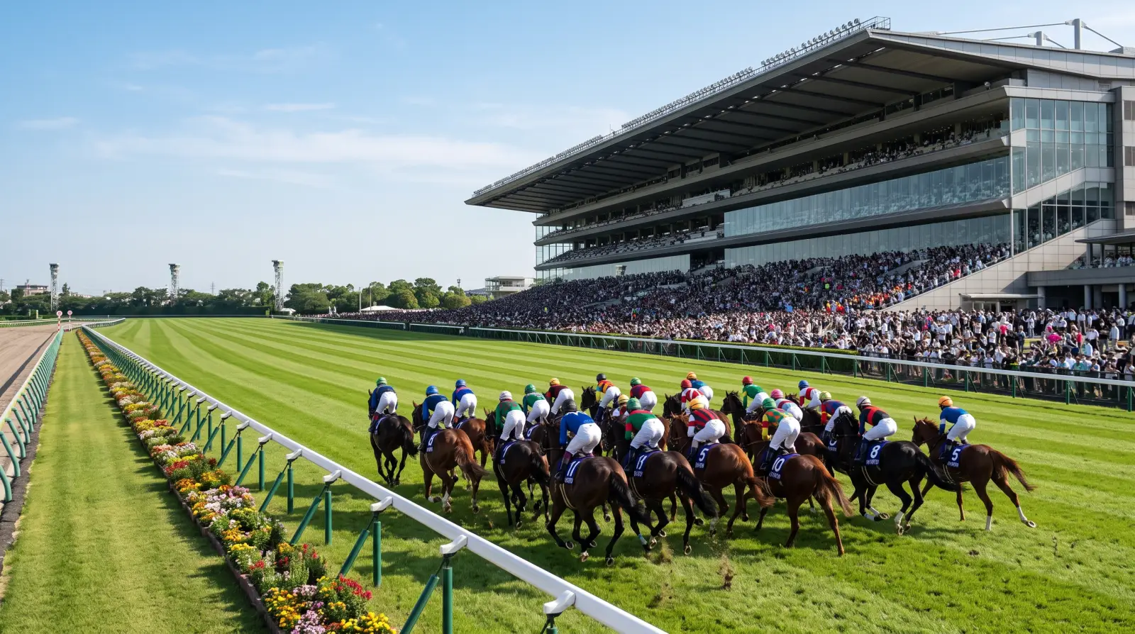 東京競馬場の長い直線を後方から見た、まだ残り距離のあるレース終盤のイメージ