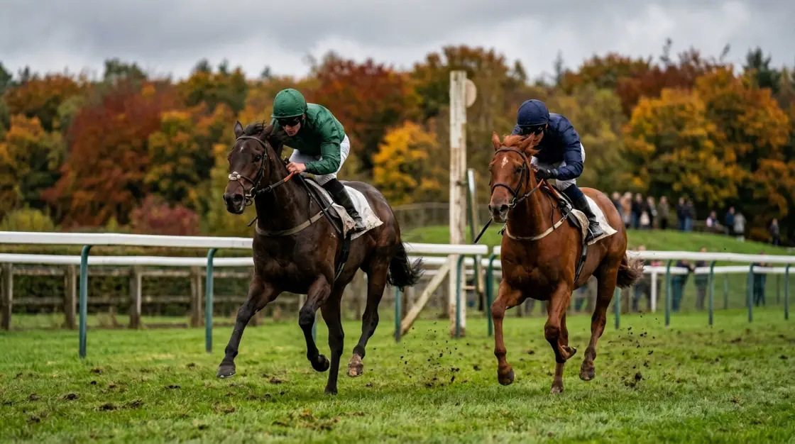 紅葉を背に、2頭の若い牝馬が首を並べてゴールへ向かうイメージ