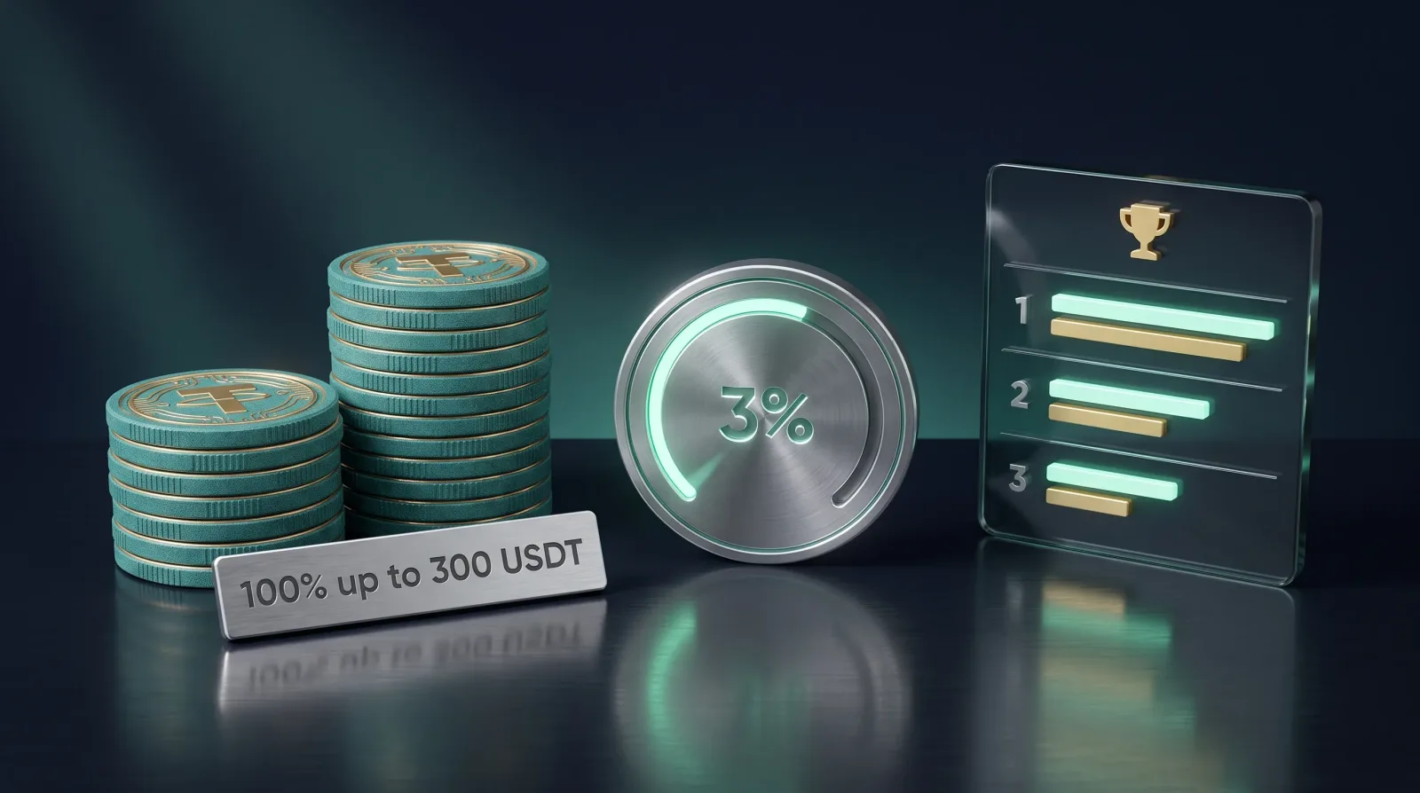 初回入金100%マッチ(上限300 USDT)・週次ラックバック最大3%・USDT建てリーダーボードというボーナス構成のイメージ