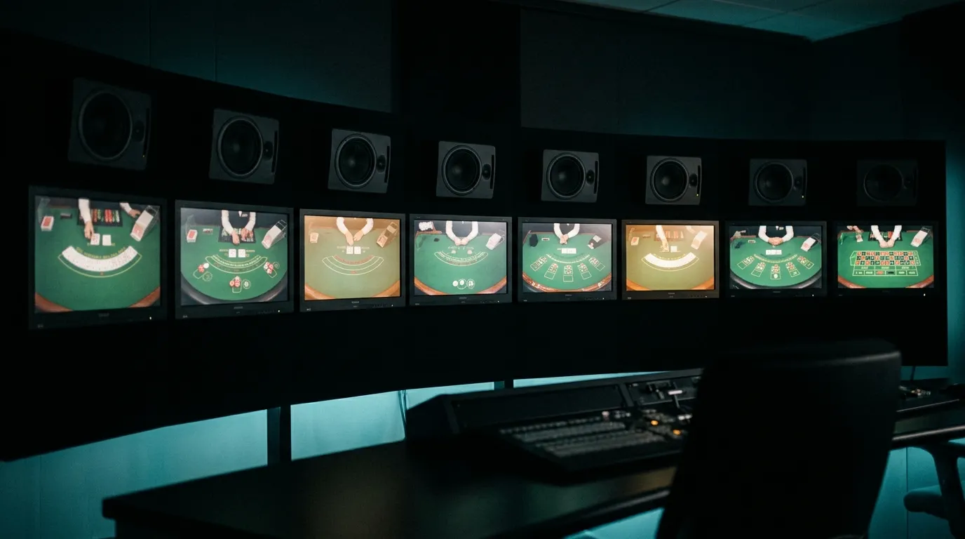 暗い壁に並ぶ8台のモニターに、それぞれ別のカード卓が俯瞰で映っている図 — ライブカジノの卓の並びを表したイメージ