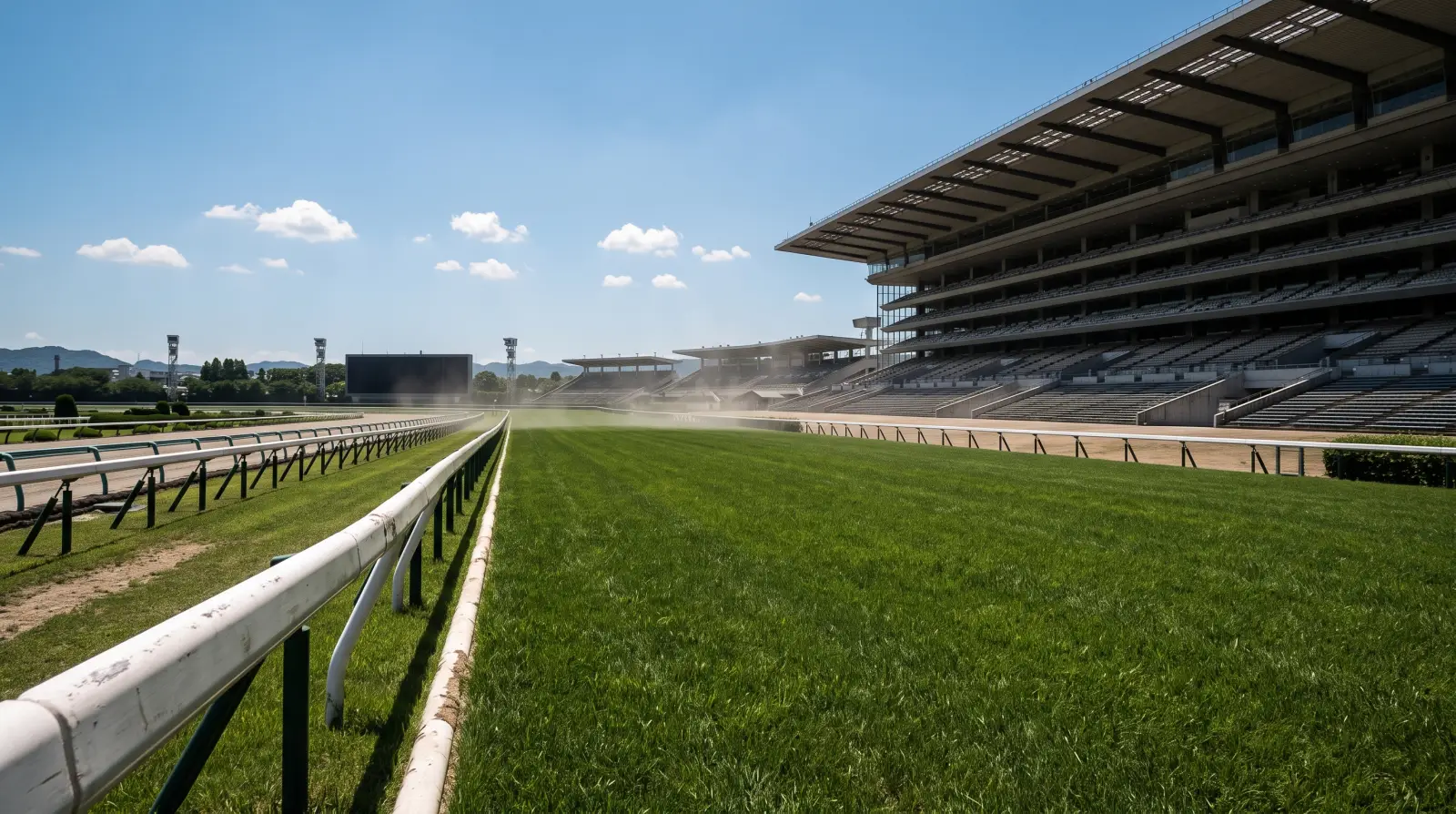 真夏の無人の競馬場の直線コース（G1のない夏の空白期間）のイメージ