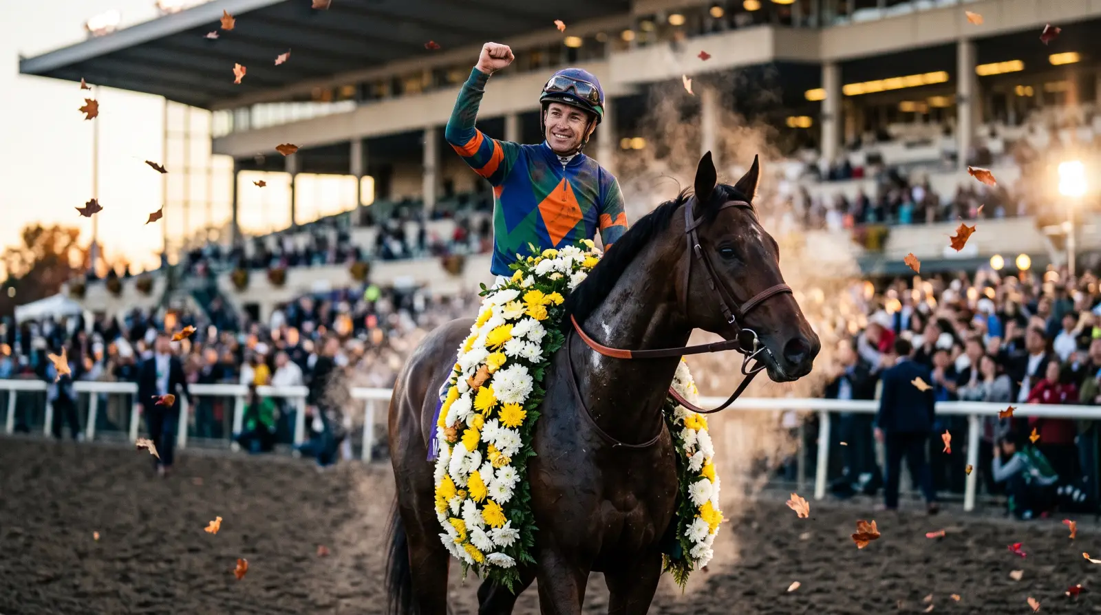 G1を勝った馬に花輪が懸けられ、騎手が拳を上げる勝利のイメージ