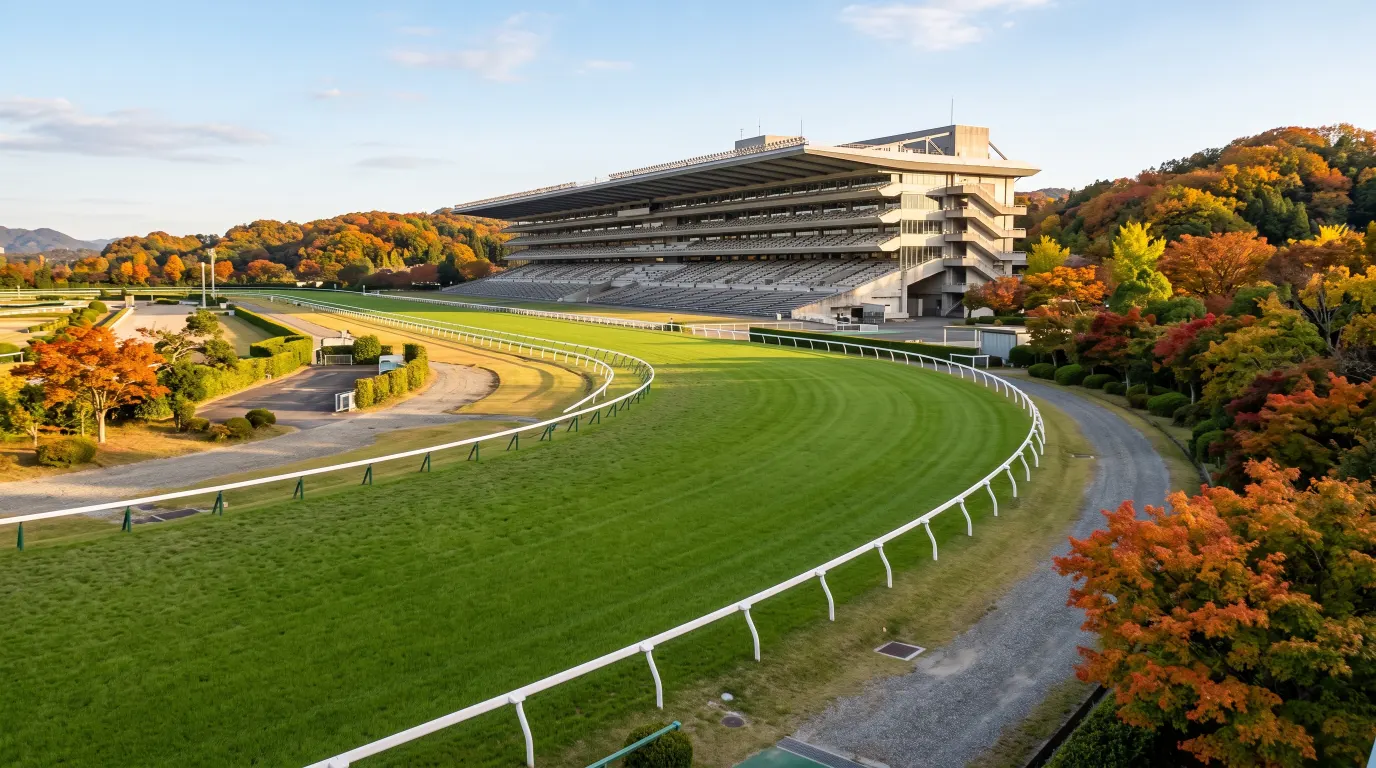 紅葉に囲まれた秋の競馬場。芝コースの長い直線と白い内ラチ、無人のスタンドのイメージ