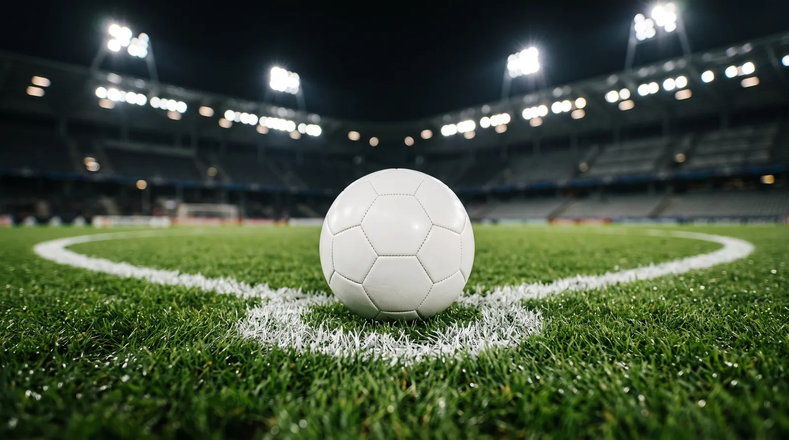 夜のスタジアムで、ピッチのセンターマークに置かれた白いサッカーボールのイメージ