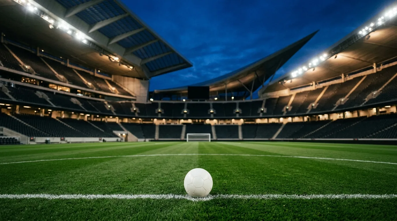 照明のついた夜の無人のスタジアムで、ピッチのライン上に置かれた白いサッカーボールのイメージ