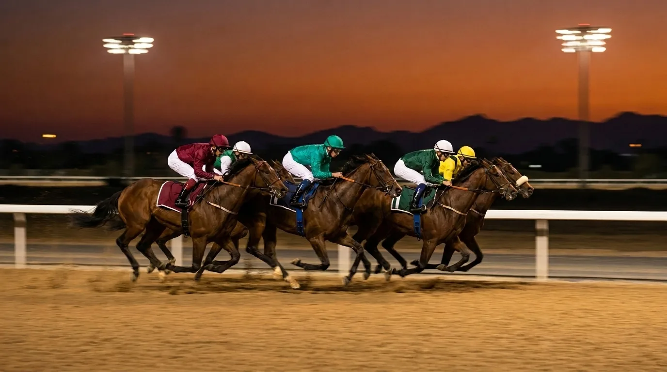 夕暮れのダートコースを、照明に照らされながら砂を蹴り上げて走る競走馬の一団のイメージ