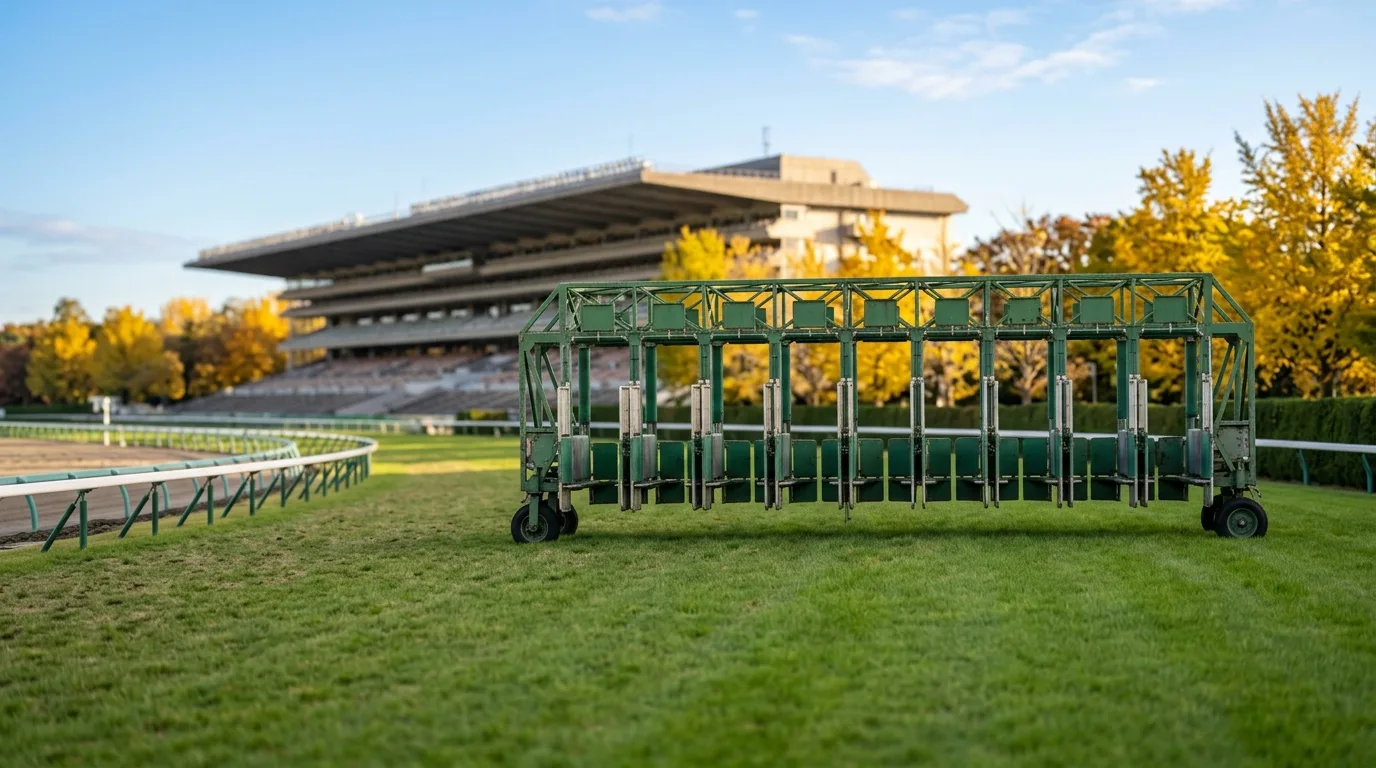 黄葉したイチョウとスタンドを背に、芝コースに置かれた無人の発馬機のイメージ