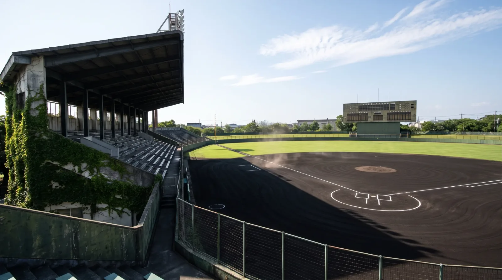 真夏の日本の高校野球場（黒土の内野と蔦におおわれたスタンド）のイメージ