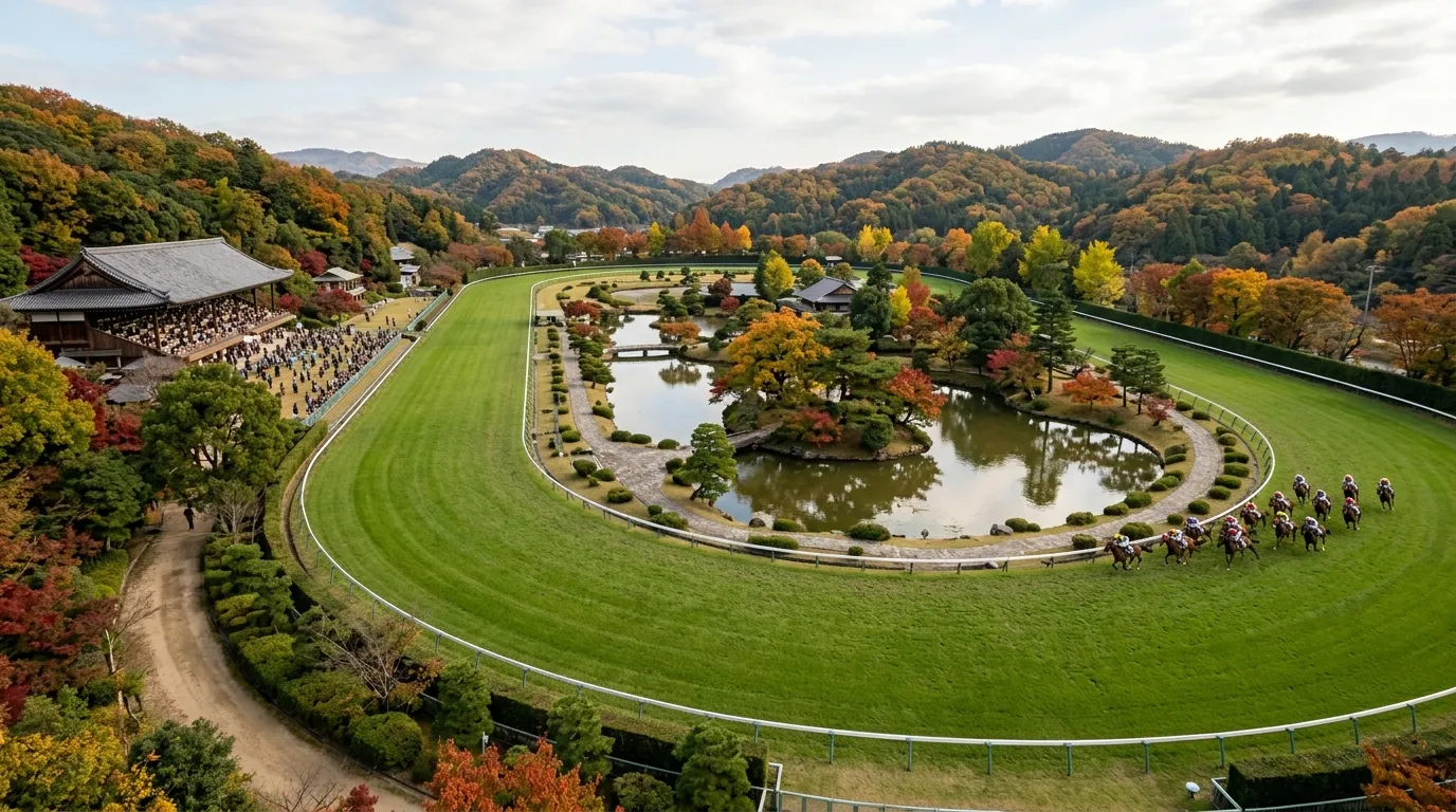 紅葉の山を背にした競馬場の芝コースと、内側の池を回る馬群のイメージ