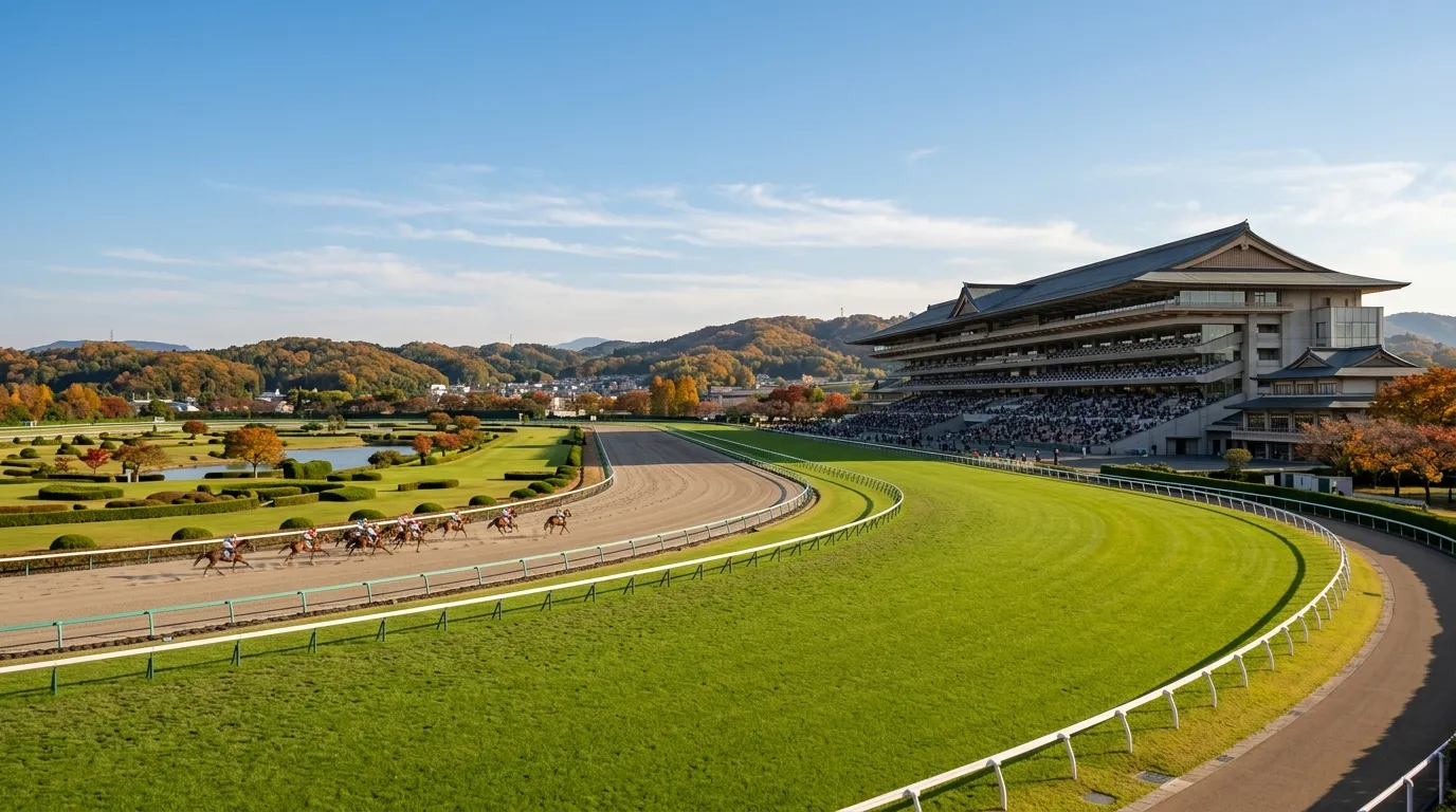 秋の午後の日差しを受ける競馬場のスタンドと、芝コースの長い直線のイメージ
