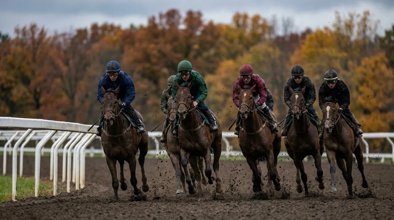 紅葉の木々を背に、湿ったダートを跳ね上げながらコーナーを回る競走馬の一団のイメージ