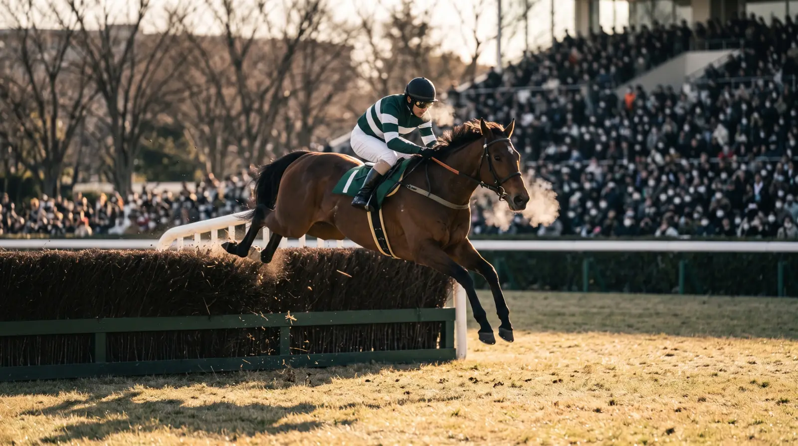 冬の夕日を受けて障害を飛越する競走馬（暮れの中山大障害）のイメージ