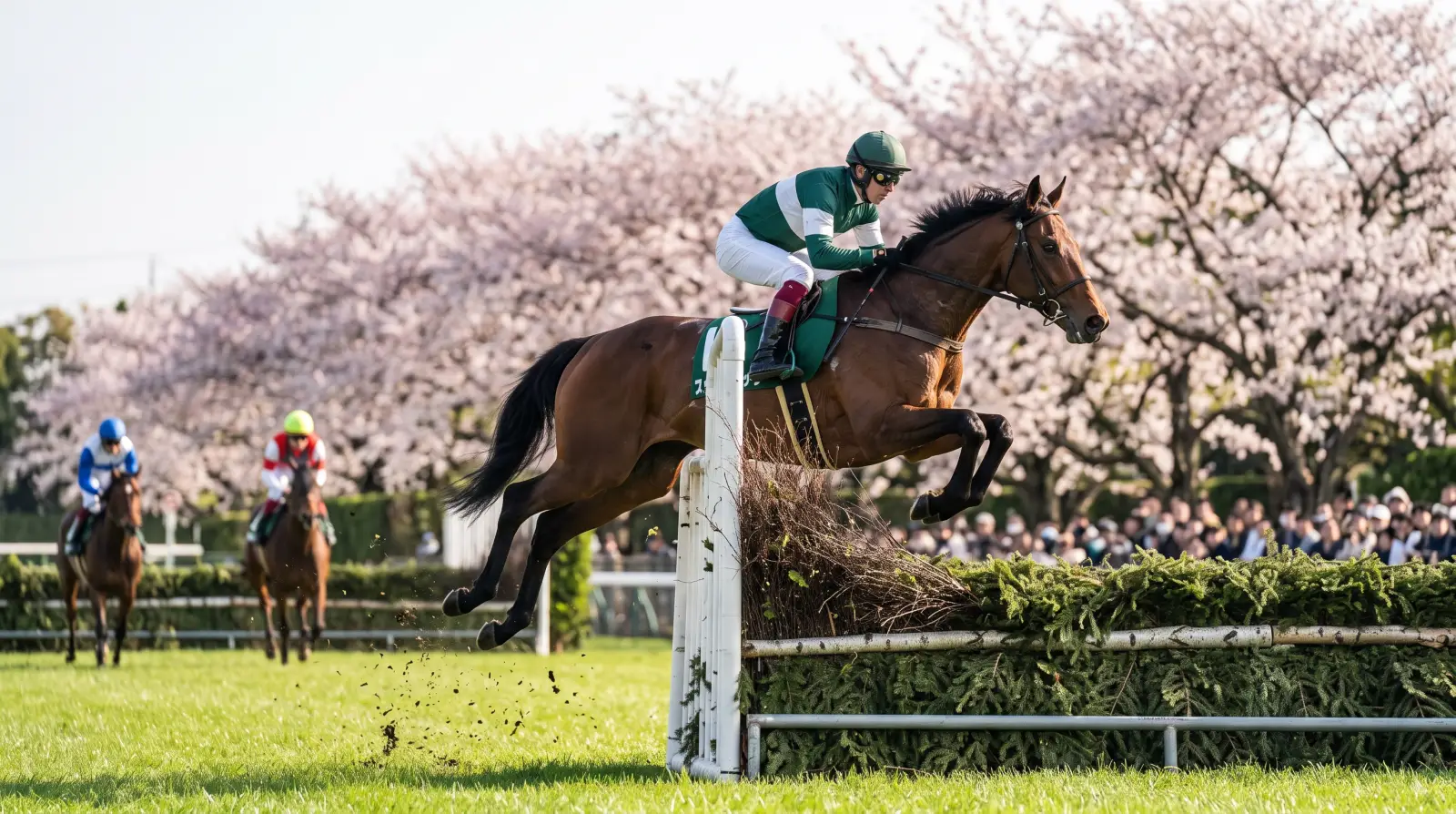 桜の咲く春の中山競馬場で障害を飛越する競走馬（中山グランドジャンプ）のイメージ