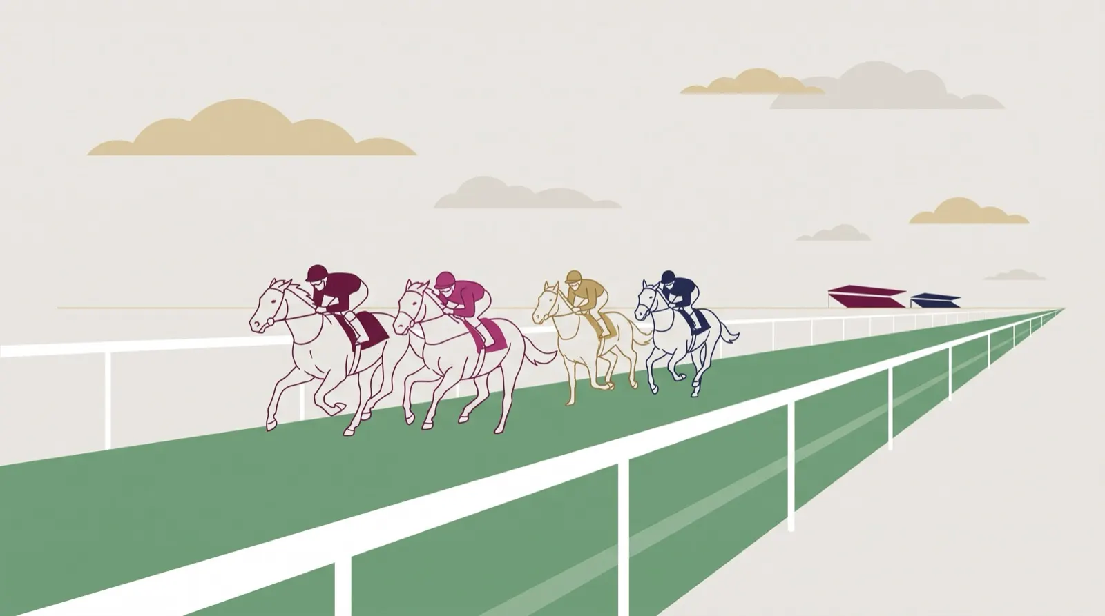 コーナーのない直線コースを横一線で走る4頭の競走馬のイメージ