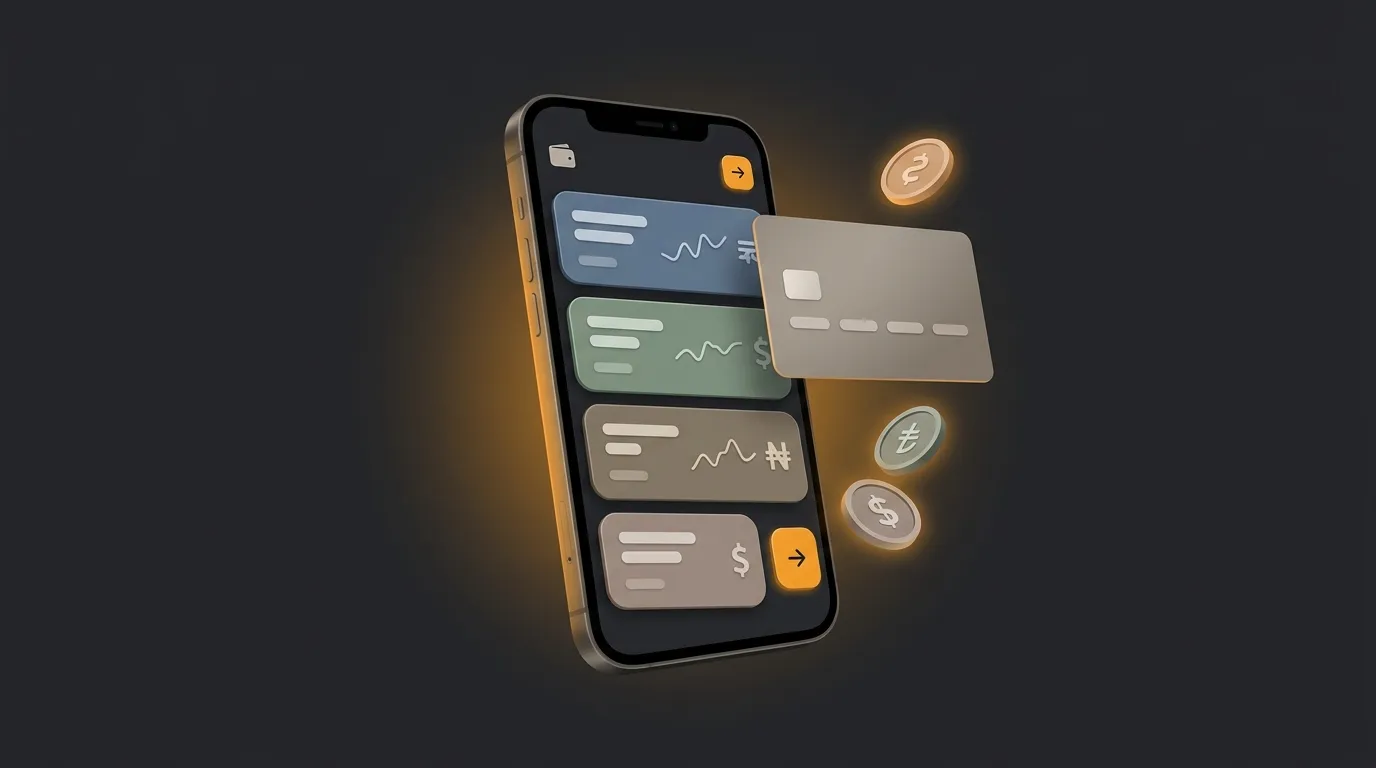 複数通貨の残高が縦に並んだ電子ウォレットのアプリ画面と、ロゴの無い決済カード、通貨記号の入ったコインを並べたイメージ
