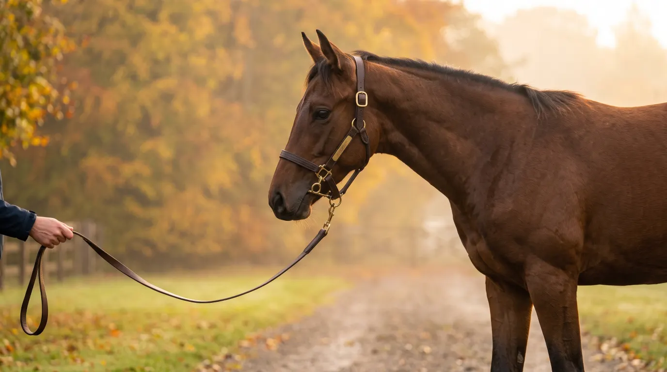 紅葉の朝もやの中、引き手に曳かれて立つ若い鹿毛の競走馬のイメージ