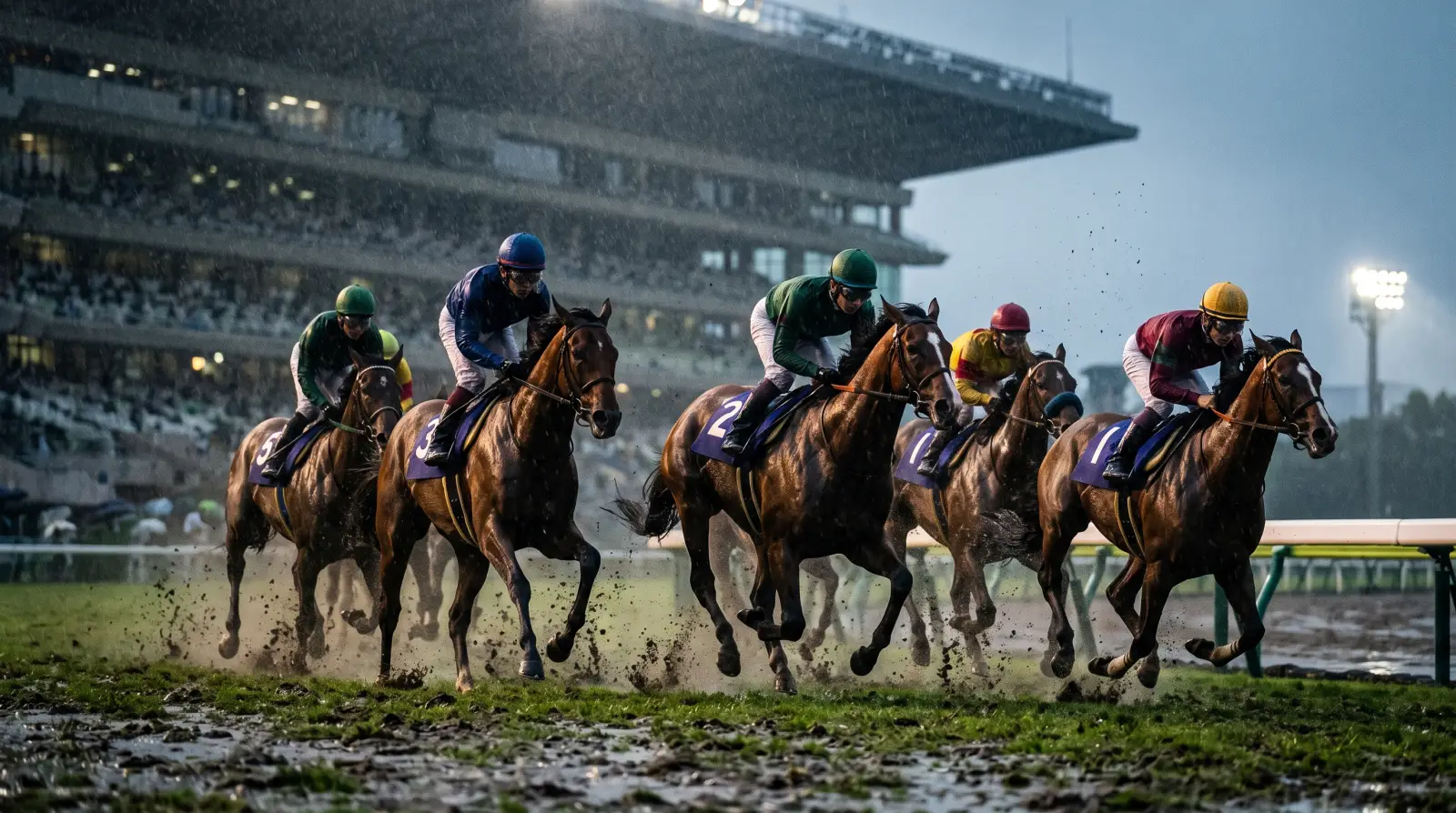 梅雨の大雨で重馬場となった競馬場を走る出走馬たち（宝塚記念）のイメージ