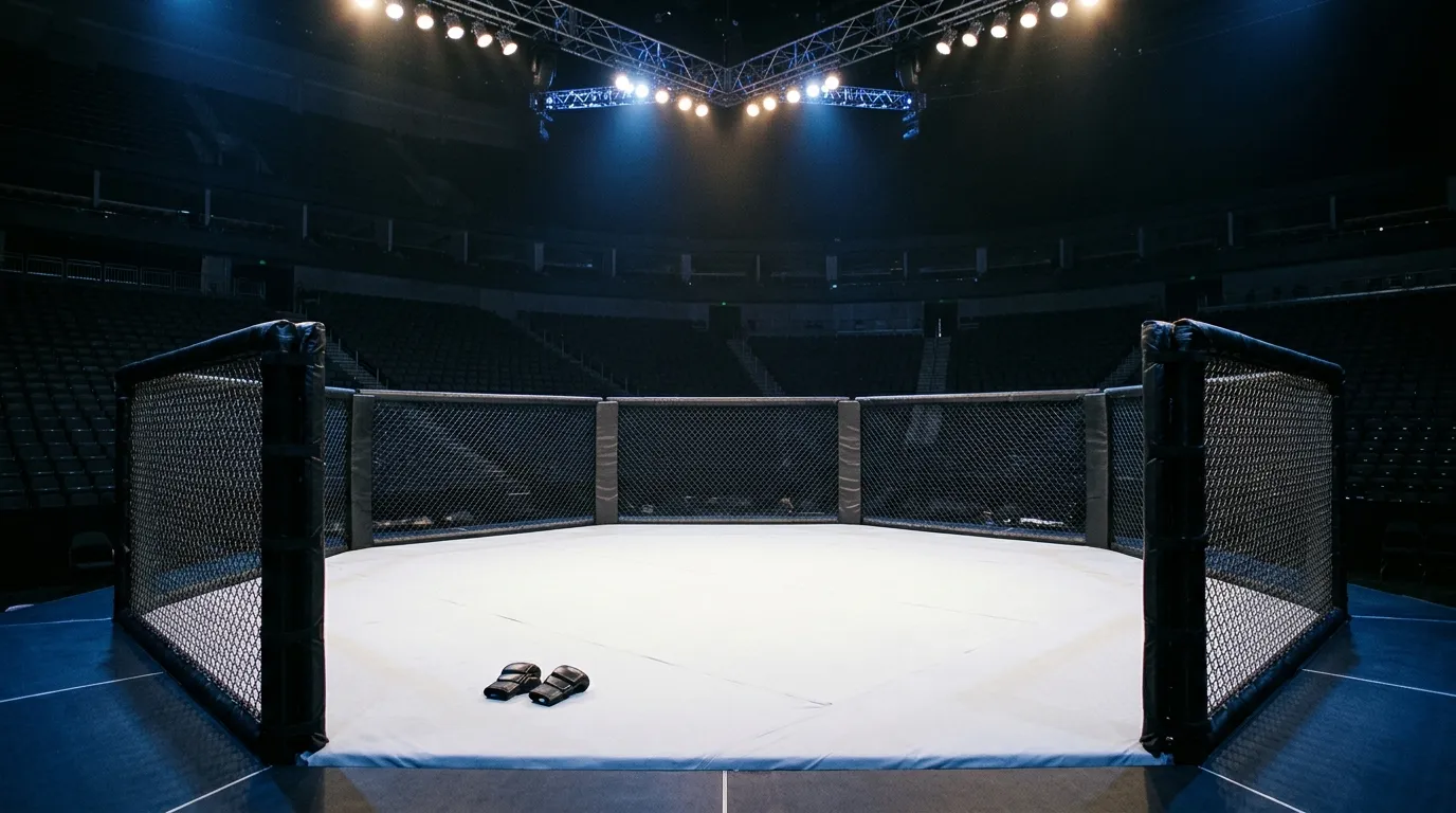 照明の落ちた無人のアリーナで、スポットライトを浴びる八角形のケージ。マットの上に黒いオープンフィンガーグローブが置かれているイメージ