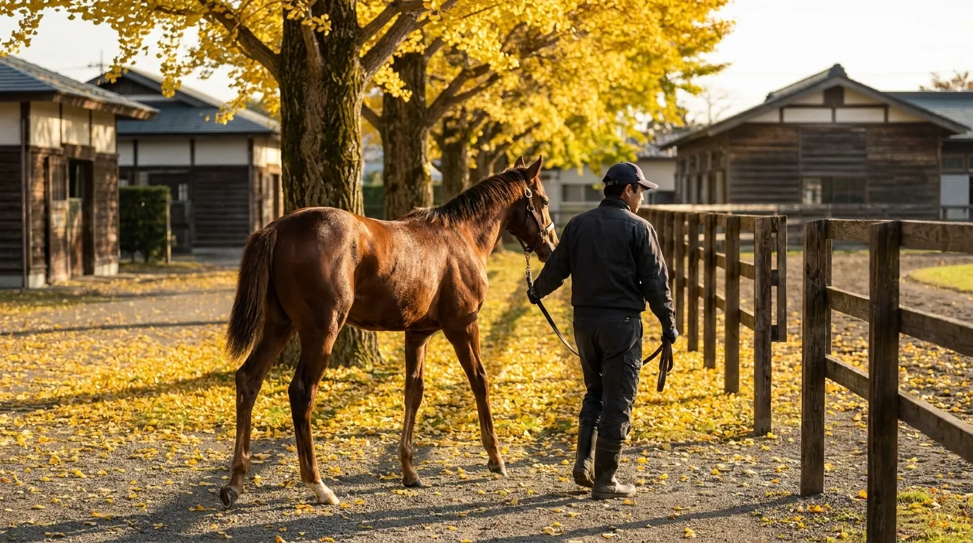黄色く色づいたイチョウ並木の下を、厩務員に曳かれて歩く若い鹿毛の馬のイメージ