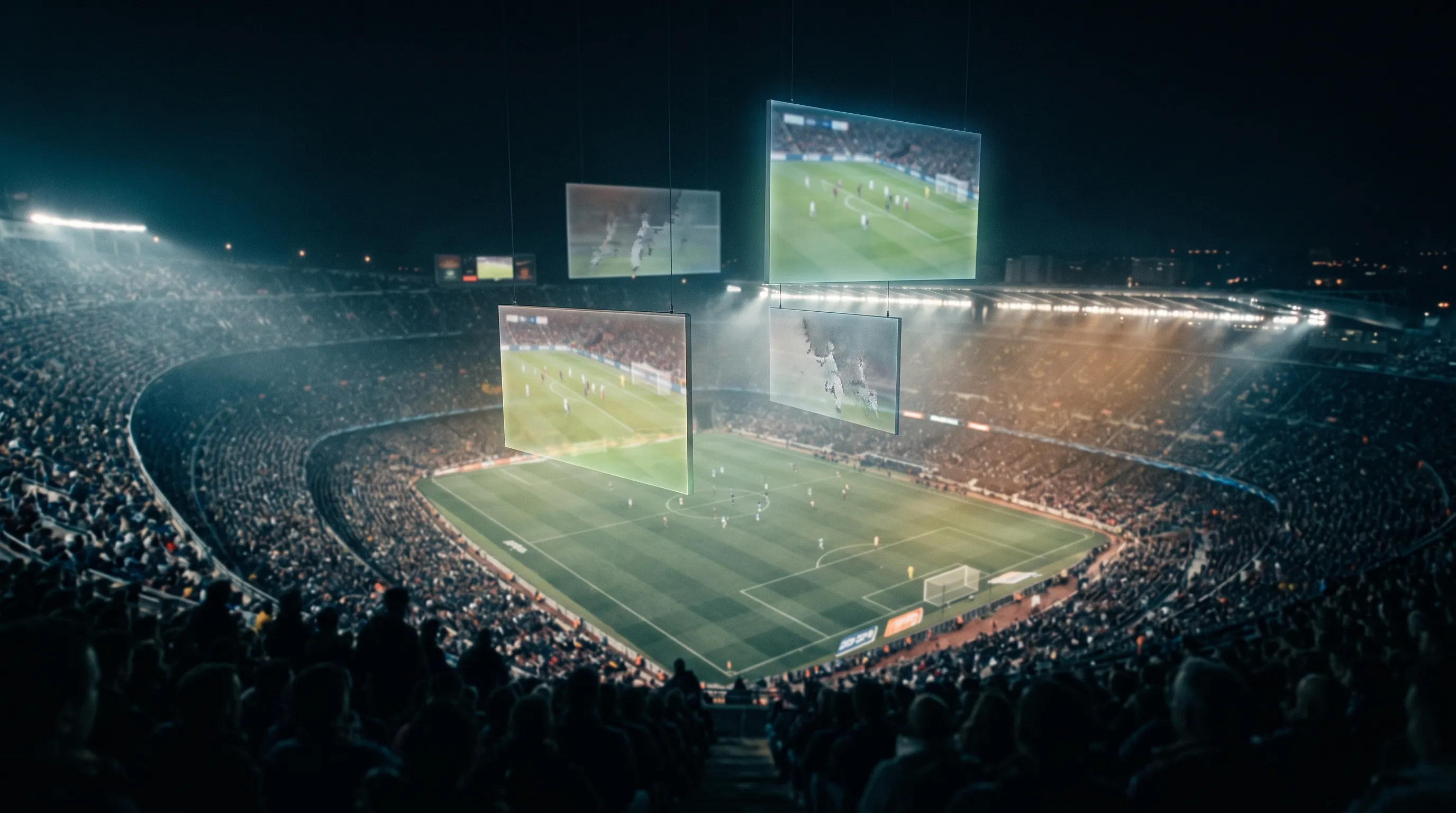 ナイター照明のヨーロッパのサッカースタジアムを上段から見下ろし、ピッチの上に4枚の放送画面が浮かび、2枚は明るく2枚は薄れているイメージ（同じ大会でも放送局によって生中継とハイライトに分かれることを表した図）