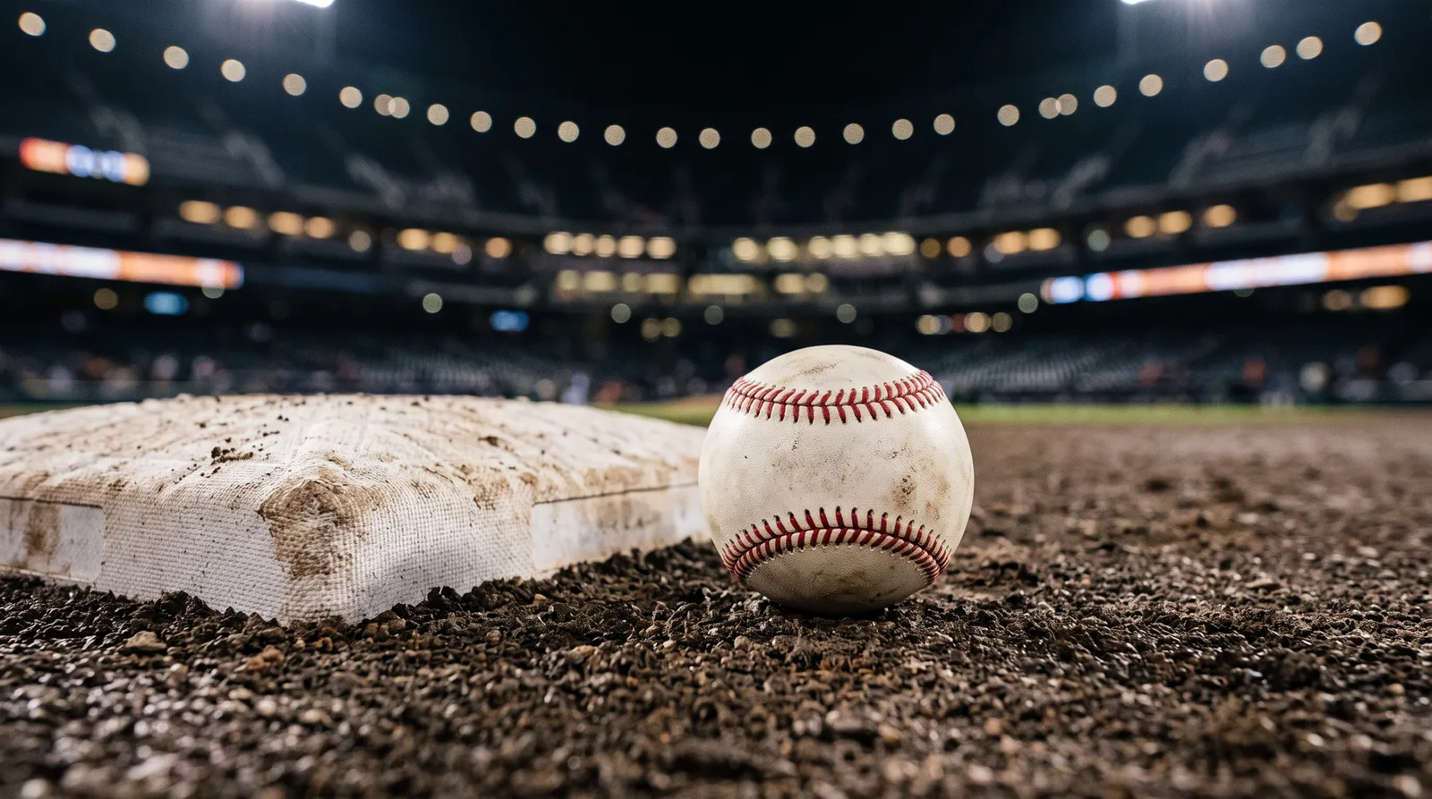夜のスタジアムで、内野の土の上、ベースの横に置かれた硬式ボールのイメージ