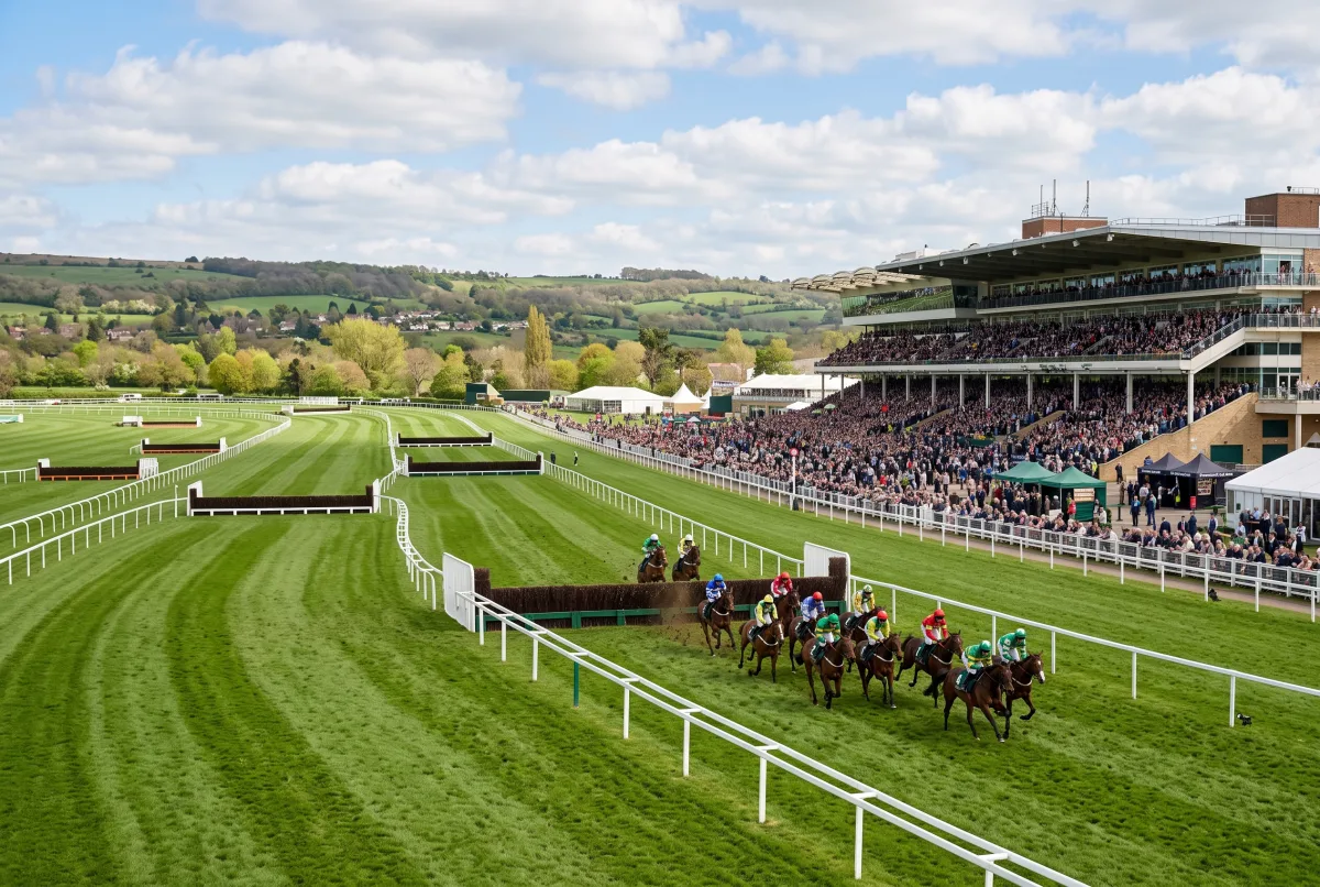 スタンドと芝コースが広がるイギリスの競馬場の全景