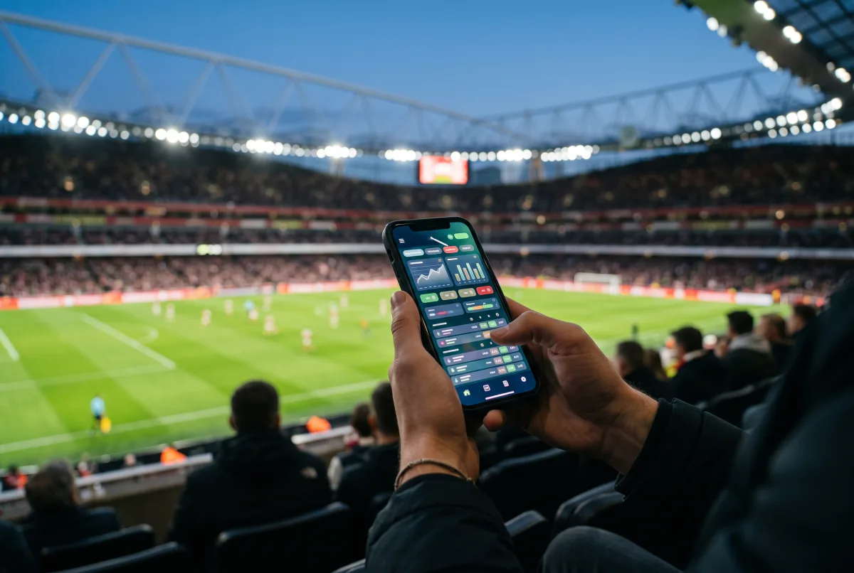 スタジアムでスマートフォンのスポーツベッティングアプリを操作する様子